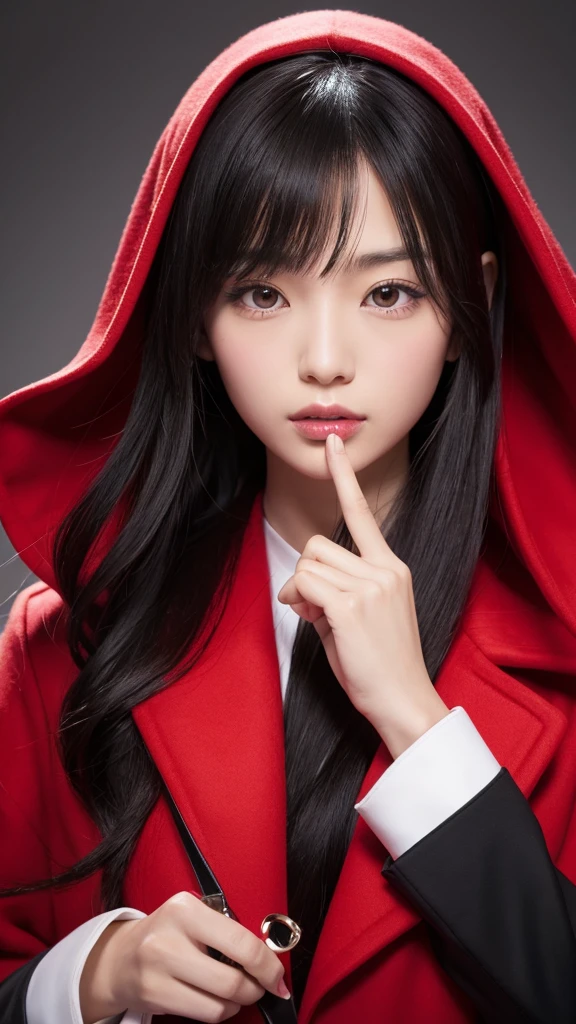 Wearing a red coat。Draw a Japanese woman with black long hair。It has a mouth that's split all the way up to its ears and huge scissors.。