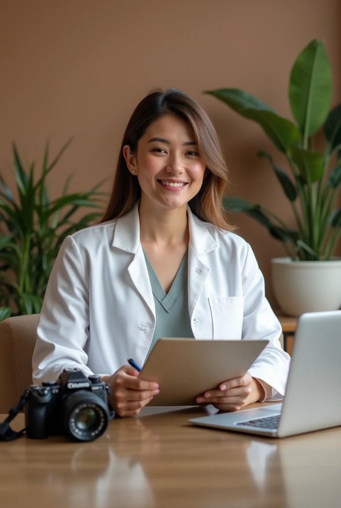 photo of a therapist in a white coat, holding a clipboard and pen, with a camera on the table