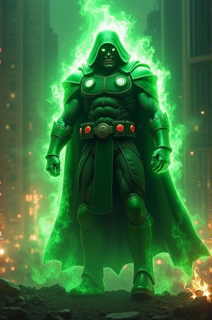 Doctor doom covered in green flames and destroyed the world