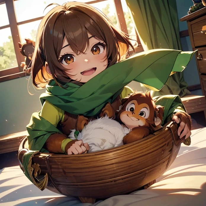 High Resolution, HD, High Quality, Super Detailed, High Details, Masterpiece, Anime, Anime Style, Character Design, high fantasy, epic art, animal characteristics, real animal with humanoid features, humanoid animal with true humanoid with true animal features, NO HUMAN FACE AND SKIN
{{baby orangutan:(brown baby orangutan eyes, bab yorangutan head, baby orangutan face, baby orangutan nose, baby orangutan open mouth, baby orangutan nose, baby orangutan neck, baby orangutan short baby body, baby orangutan big mouth, orangutan fur, baby orangutan long arms, baby orangutan legs),(green diaper, green scarf),(laughing happy and innocent, spreading love, baby cuteness, innocent amd pure infant),(wooden bed, hindu bedroo, sunny rays coming through windows, several fluffy toys in form of clouds)}}