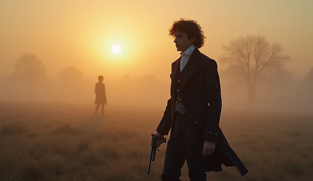 Évariste Galois, a young man of just 20, walks solemnly towards a duel at dawn. The early morning light barely illuminates the mist-covered field where he approaches, holding a pistol with steady hands. His face reflects a mix of determination and melancholy, knowing this might be his final morning. The surrounding landscape is quiet and barren, with the rising sun casting long shadows, emphasizing the gravity of the moment. In the distance, his opponent waits, but Galois is lost in thought, burdened by unfulfilled dreams and the weight of his genius."