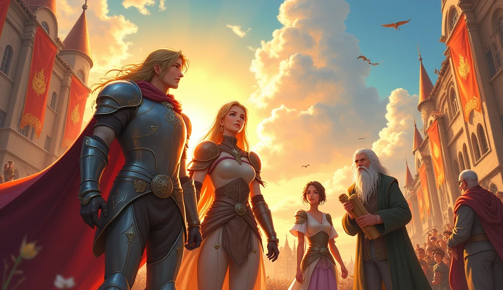 Anime illustration、 Realistic, oil、Asahi、Departure Day、A group of brave men、A party of four: a hero, a sorceress, a healer, and a sage.、Departure from the capital、Bright sunlight、excited、looks fun、Looking forward to the adventures ahead、fanfare、Anime style illustrations、Medieval Europe、2D Anime Style、Ghibli style