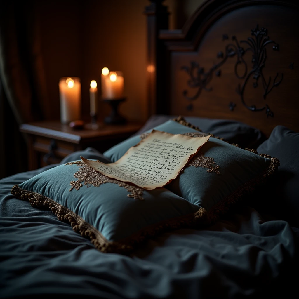 detailed letter with text on a pillow that is a dark setting