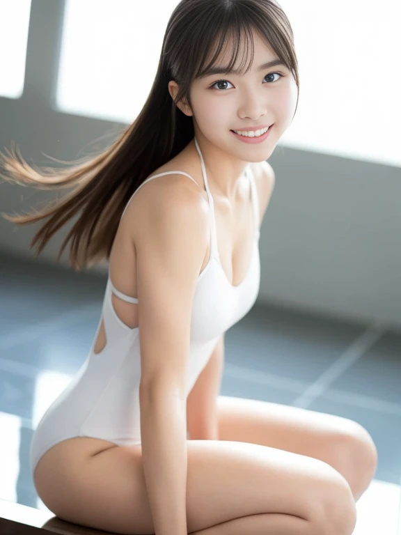 photo realistic, best quality, masterpiece, photo of over the knees, a Japanese pretty girl, pretty face, symmetrical eyes, eye contact, smile, petit, flat chest, racing swimsuit, gym,