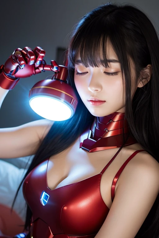 Japanese Beautiful Girl、Semi-long hair、Black Hair、Professional Lighting、Sleeping on a metal bed、charging humanoid、close your eyes、sleep、Charging cord、electrical outlet、Red metallic tank top、A beautiful robot girl charging、Iron Man's beautiful girl