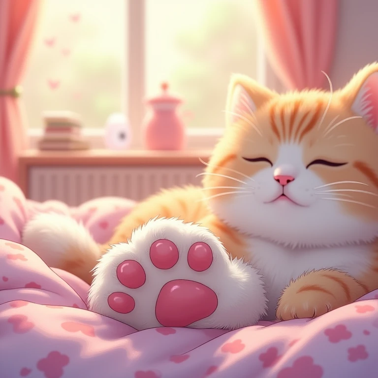Cat's paw、Pad、桃色のPad、拡大されたCat's paw、cute、Anime Style、cat sleeping in bed、美しく輝くPad、