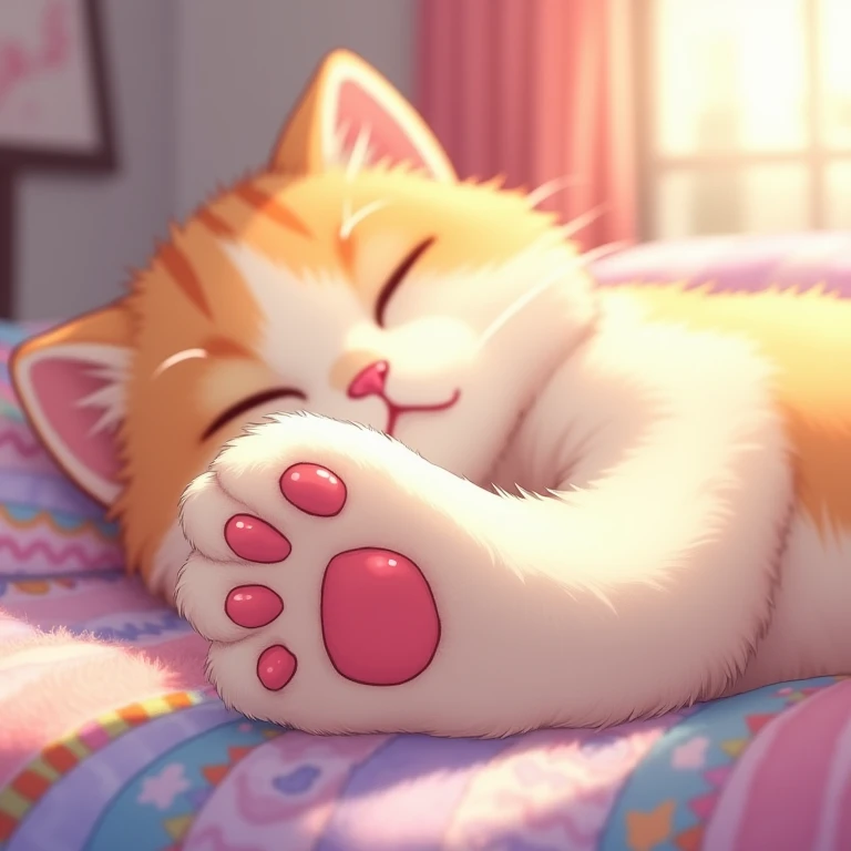 Cat's paw、Pad、桃色のPad、拡大されたCat's paw、cute、Anime Style、cat sleeping in bed、美しく輝くPad、