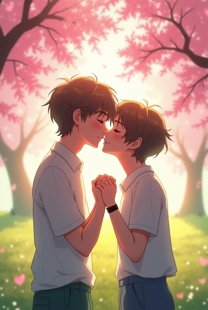 Txt's taehyun and txt's  beomgyu kissing each other  under a cherry blossom tree. 
