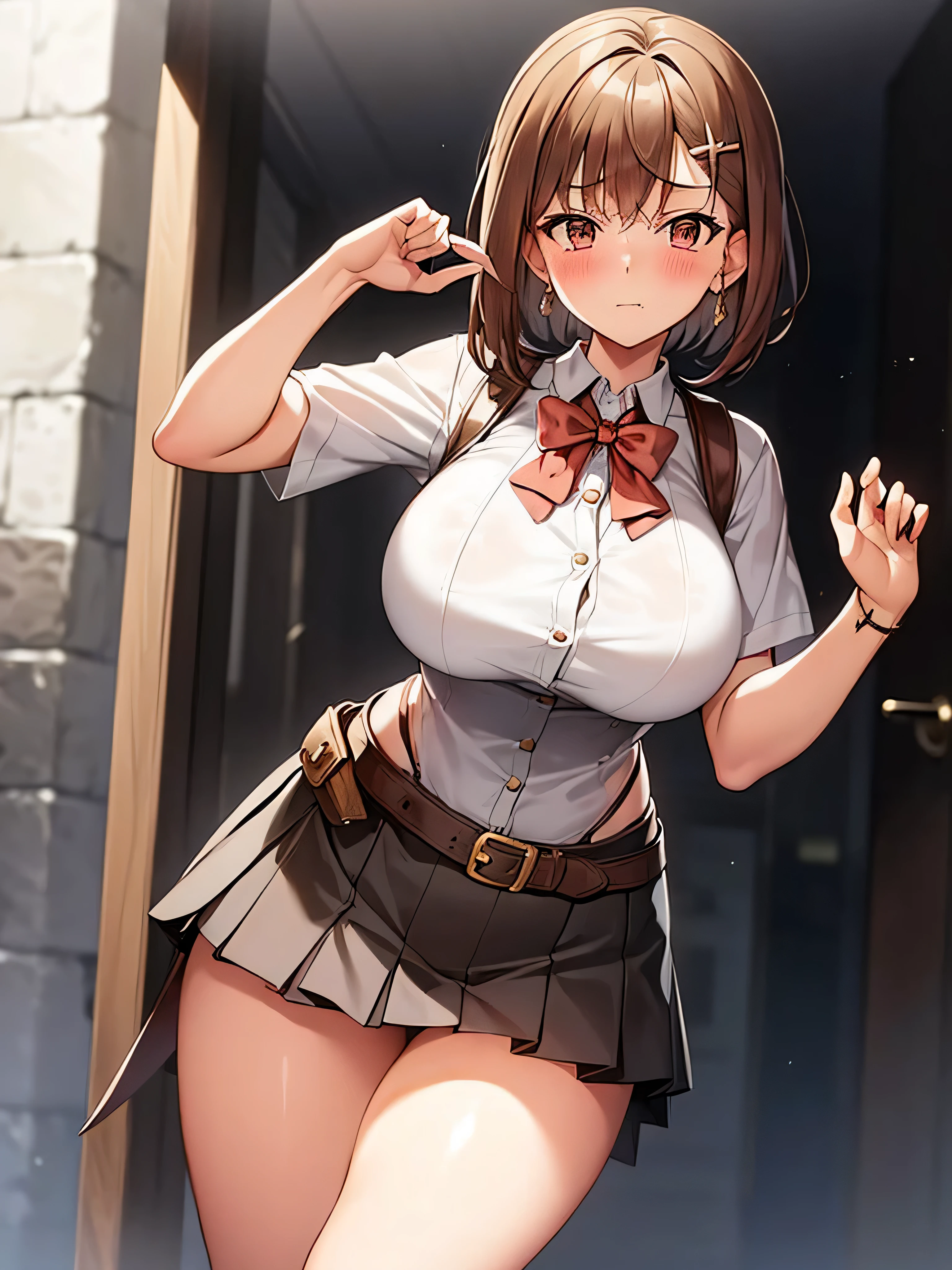 ((blush:1.2)), Enduring the pain, 1 girl, (alone:1.3), ((Raise your arms)), black rucksack, hairpin, short hair, ((White Uniform)), Red bow tie, Huge breasts, naughty huge breasts, ((Long, slender legs)), ((Narrow waist)), ((Panty shot)), Cowboy Shot, Thighs, Big Ass, Red mini skirt, Beautiful woman, Pretty face, Close your legs
