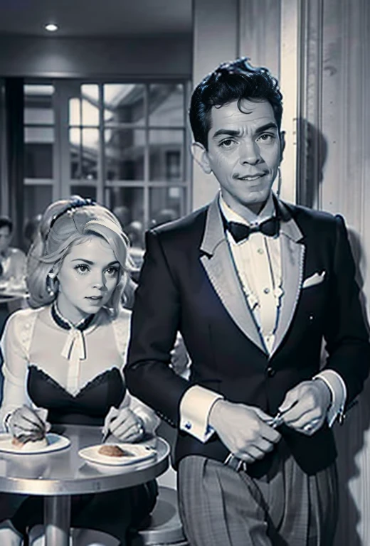 The picture shows a couple: cantinflas wearing an elegant tuxedo, sitting at a restaurant table with KatjaKeanQuiron woman who is wearing an elegant gala dress, They are enjoying dinner 