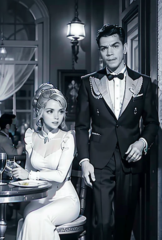 The picture shows a couple: cantinflas wearing an elegant tuxedo, sitting at a restaurant table with KatjaKeanQuiron woman who is wearing an elegant gala dress, They are enjoying dinner 