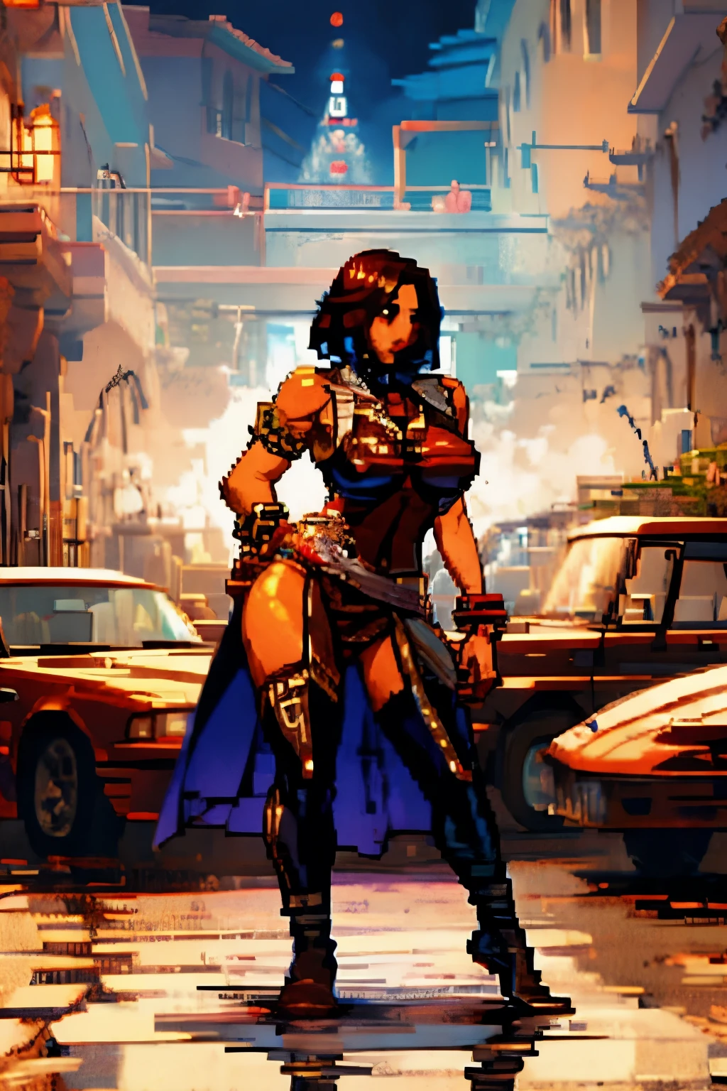 The woman, Altaïr's suit boots to the knee, Bracelets on the legs, socks, stockings, Jerusalem in the background, ((evening, night)), very detailed, Realistic long-term photography, 4k, (((short hair, brown hair))), ((shocks, garagantilla)),bracelet, sexy, dark skin, brown eyes, big breasts, big breasts, pussy, NSFW, +18
