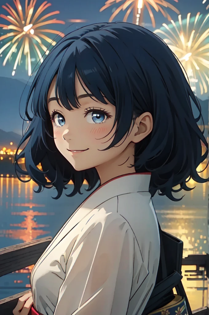 masterpiece, best quality, ultra detailed, highres, extremely detailed CG unity 8k wallpaper, perfect lighting, very detailed background, beautiful and aesthetic,sharp focus, perfect face, dynamic pose, dynamic angle,
1girl, upper body, (portrait:1.1), multicolored yukata, kanzashi, looking at viewer, full-face blush, from side, from below, smile,
night, dark sky, misty lake, mountainous horizon, break,aerial fireworks, (Full of sky fireworks:1.2),
Shoulder Bare、Off the shoulder
blue hair,short hair,anna yanami