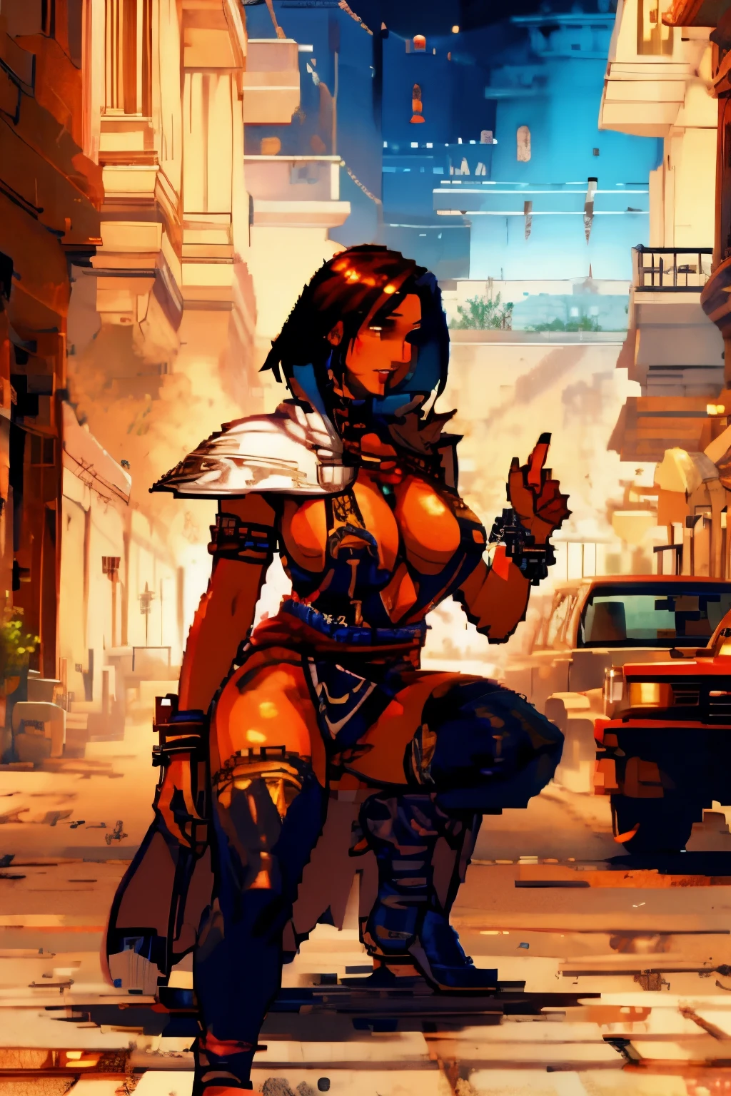 The woman, Altaïr's suit boots to the knee, Bracelets on the legs, socks, stockings, Jerusalem in the background, ((evening, ht)), very detailed, Realistic long-term photography, 4k, (((short hair, brown hair))), ((shocks, garagantilla)),bracelet, sexark skin, brown eyes, big brereasts, pussy