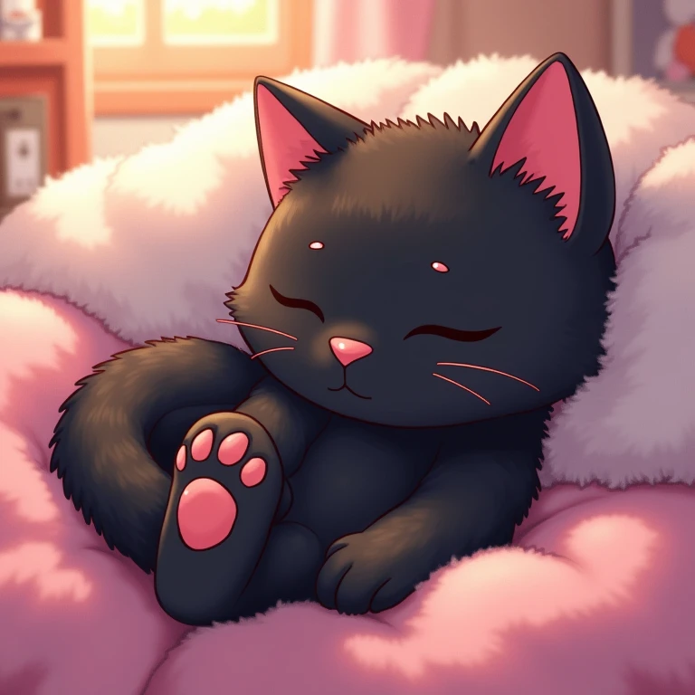 Cat's paw、Pad、桃色のPad、拡大されたCat's paw、cute、Anime Style、cat sleeping in bed、美しく輝くPad、Black cat、