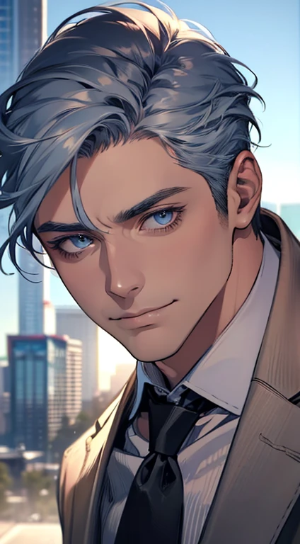 (best quality,4k,8k,highres,masterpiece:1.2),ultra-detailed,(realistic,photorealistic,photo-realistic:1.37),1 man,31 years old,mature man,very handsome,without expression,smile,short grey blue hair,blue eyes,penetrating gaze,perfect face without errors,imposing posture,businessman,office background,cinematic lighting,hdr image