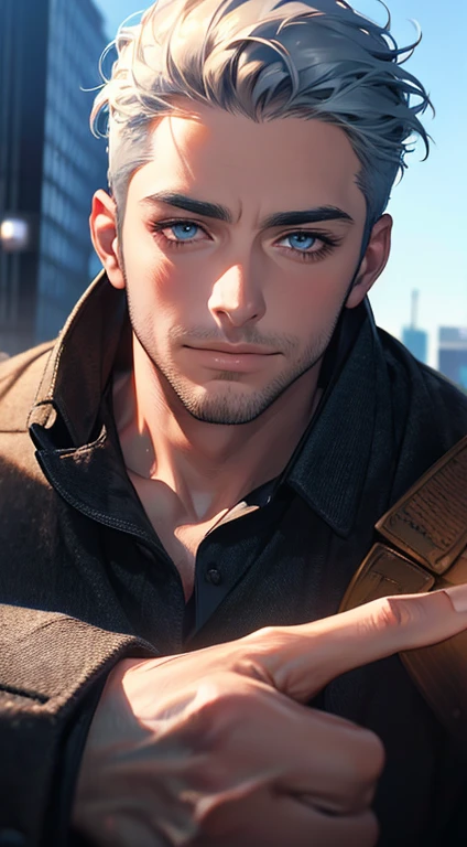 (best quality,4k,8k,highres,masterpiece:1.2),ultra-detailed,(realistic,photorealistic,photo-realistic:1.37),1 man,31 years old,mature man,very handsome,without expression,smile,short grey blue hair,blue eyes,penetrating gaze,perfect face without errors,imposing posture,businessman,office background,cinematic lighting,hdr image