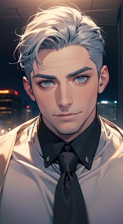 (best quality,4k,8k,highres,masterpiece:1.2),ultra-detailed,(realistic,photorealistic,photo-realistic:1.37),1 man,31 years old,mature man,very handsome,without expression,smile,short grey blue hair,blue eyes,penetrating gaze,perfect face without errors,imposing posture,businessman,office background,cinematic lighting,hdr image