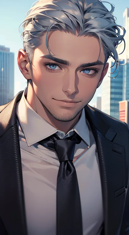 (best quality,4k,8k,highres,masterpiece:1.2),ultra-detailed,(realistic,photorealistic,photo-realistic:1.37),1 man,31 years old,mature man,very handsome,without expression,smile,short grey blue hair,blue eyes,penetrating gaze,perfect face without errors,imposing posture,businessman,office background,cinematic lighting,hdr image