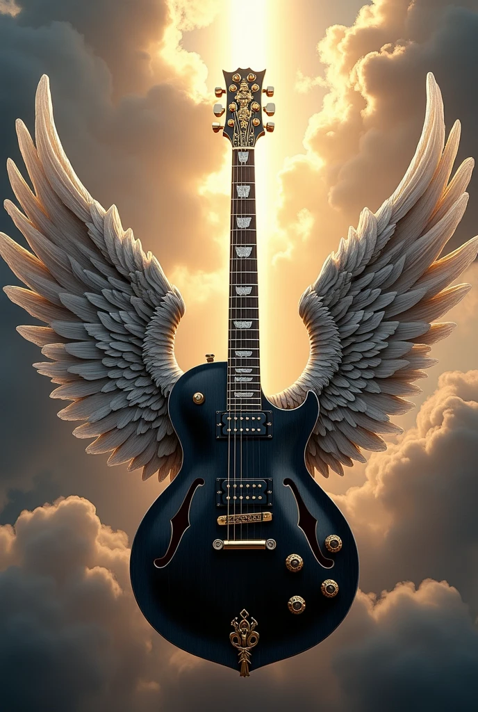 (masterpiece), (best quality), an electric guitar with a body shaped like a shield, angel wings sprout from the sides of the body, two angel arms emerging from the body, each angel arm holding a sword separately,