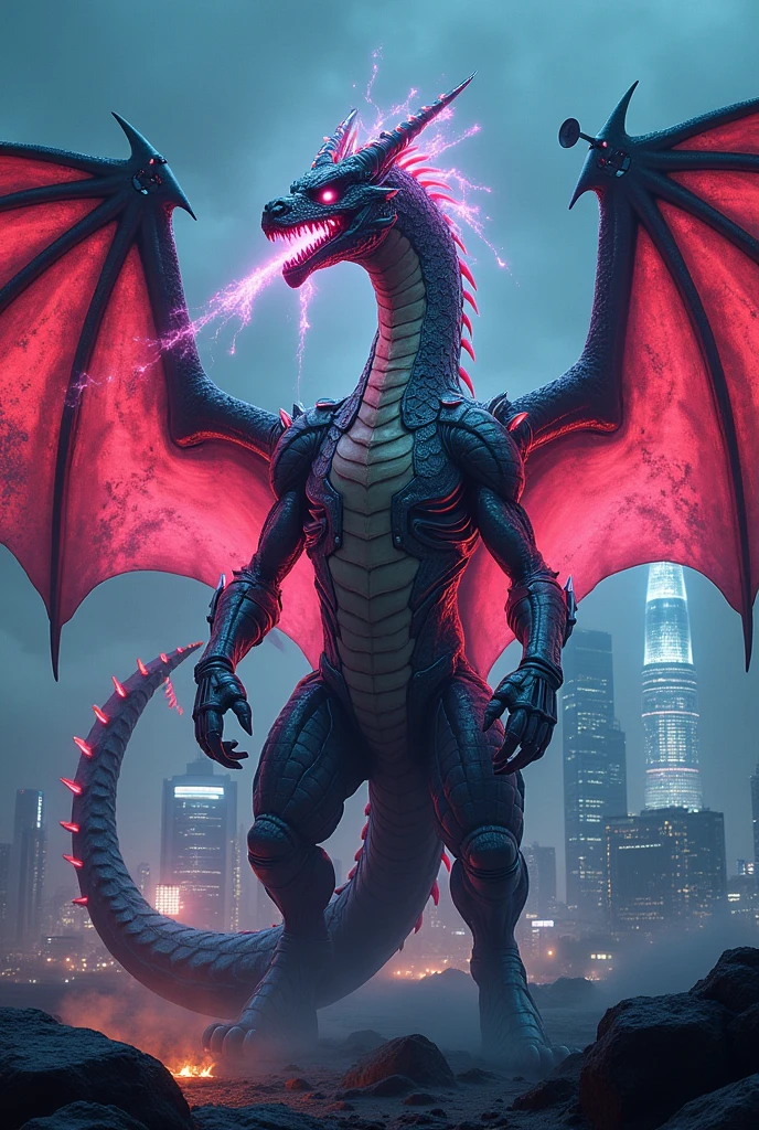 (best quality, masterpiece, ultra detailed, ultra high res, photorealistic, raw photo, absurdres, absolutely resolution), The creature has huge dragon-like wings and scales, but incorporates elements of a cyberpunk city into parts of its body. Neon-like light shines from its back, and mechanical parts can be seen peeking out from between its scales. Its eyes glow like LEDs, and plasma spews from its mouth instead of flames. Its tail is shaped like a skyscraper, with an antenna and satellite dish attached to the end. Overall, it has a futuristic and mysterious feel.