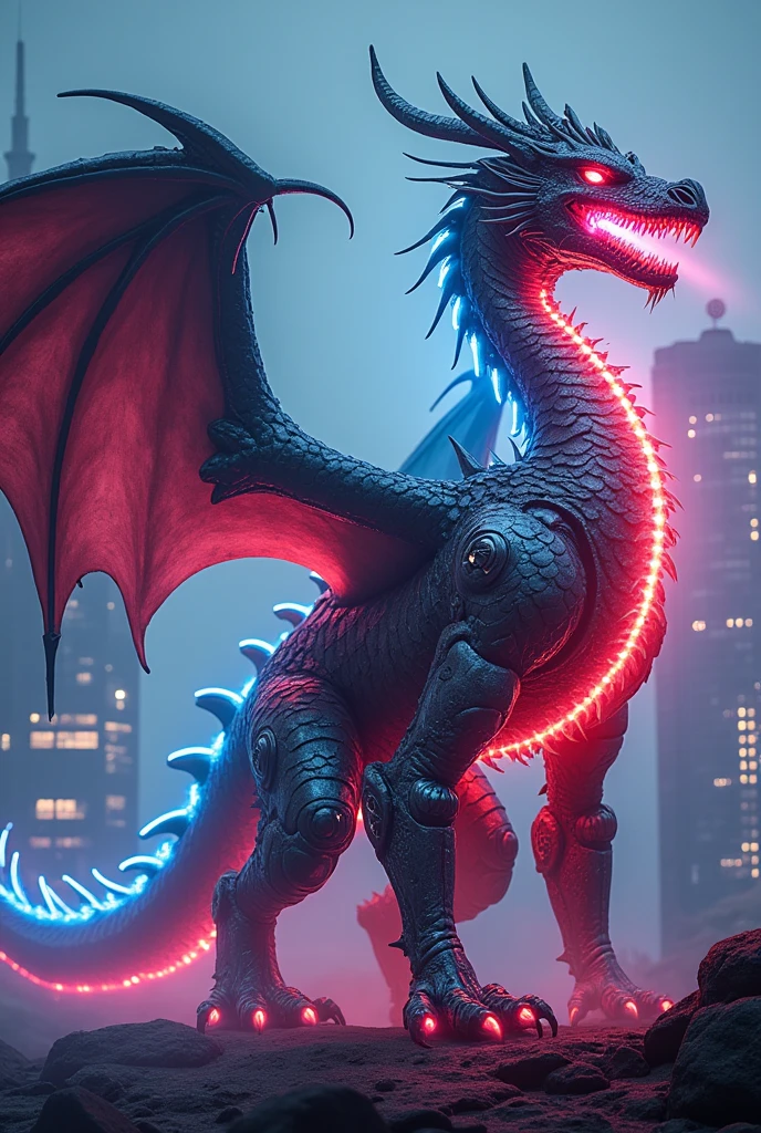 (best quality, masterpiece, ultra detailed, ultra high res, photorealistic, raw photo, absurdres, absolutely resolution), The creature has huge dragon-like wings and scales, but incorporates elements of a cyberpunk city into parts of its body. Neon-like light shines from its back, and mechanical parts can be seen peeking out from between its scales. Its eyes glow like LEDs, and plasma spews from its mouth instead of flames. Its tail is shaped like a skyscraper, with an antenna and satellite dish attached to the end. Overall, it has a futuristic and mysterious feel.