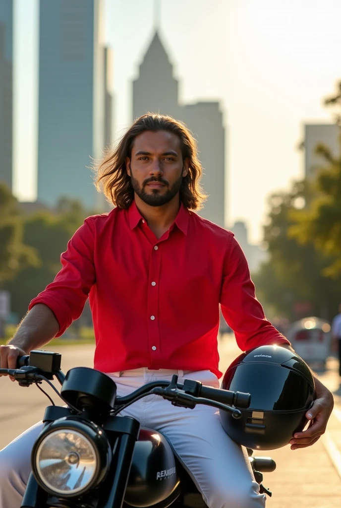 A man that sitting on a bike wear red shirt and white slack.he also holding a helmet.he is brown skin and his hair is long