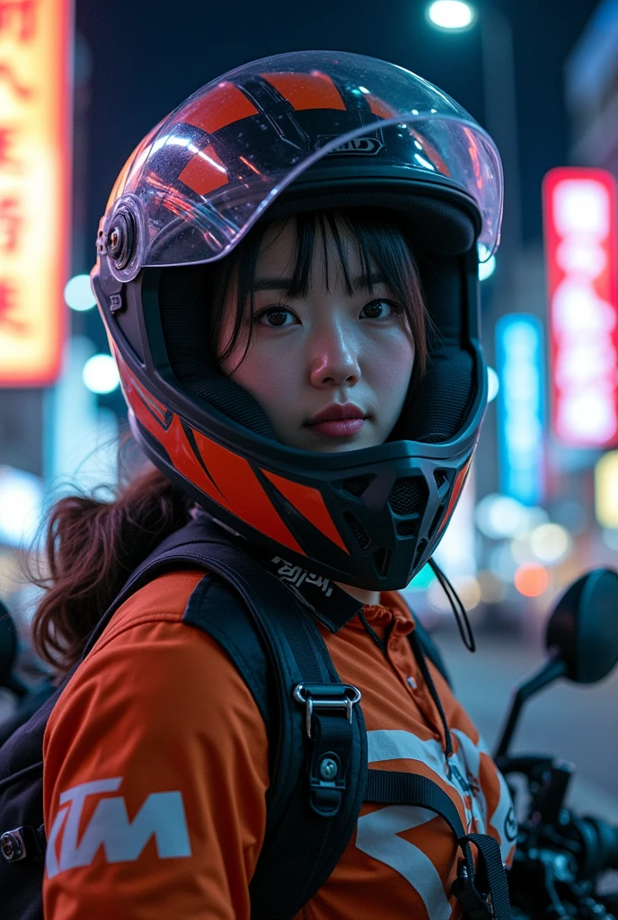 beautiful Japanese high school girl, about to Ride on a off-road motorcycle, at downtown at night, dramatic scene, masterpiece, (face focus:1.3), clear helmet visor, beautiful eyes, KTM bike, Shoei helmet, wearing off-road rider's outfits