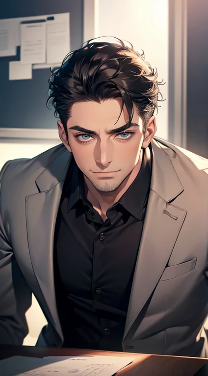 (best quality,4k,8k,highres,masterpiece:1.2),ultra-detailed,(realistic,photorealistic,photo-realistic:1.37),1 man,31 years old,mature man,very handsome,without expression,smile,short grey black hair,blue eyes,penetrating gaze,perfect face without errors,imposing posture,businessman,office background,cinematic lighting,hdr image