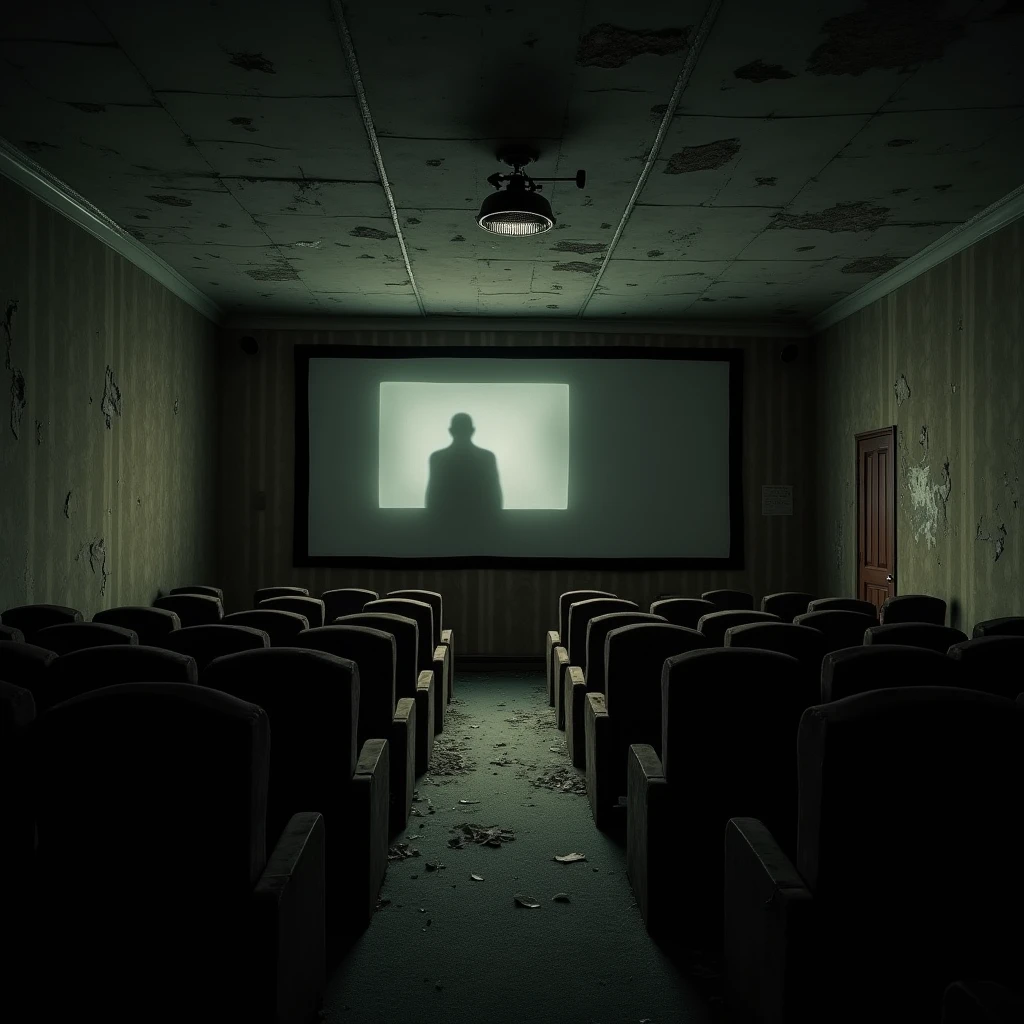 decrepit old movie theater, eerie, dark, peeling wallpaper, dim lighting, shadowy figure lurking, sense of dread