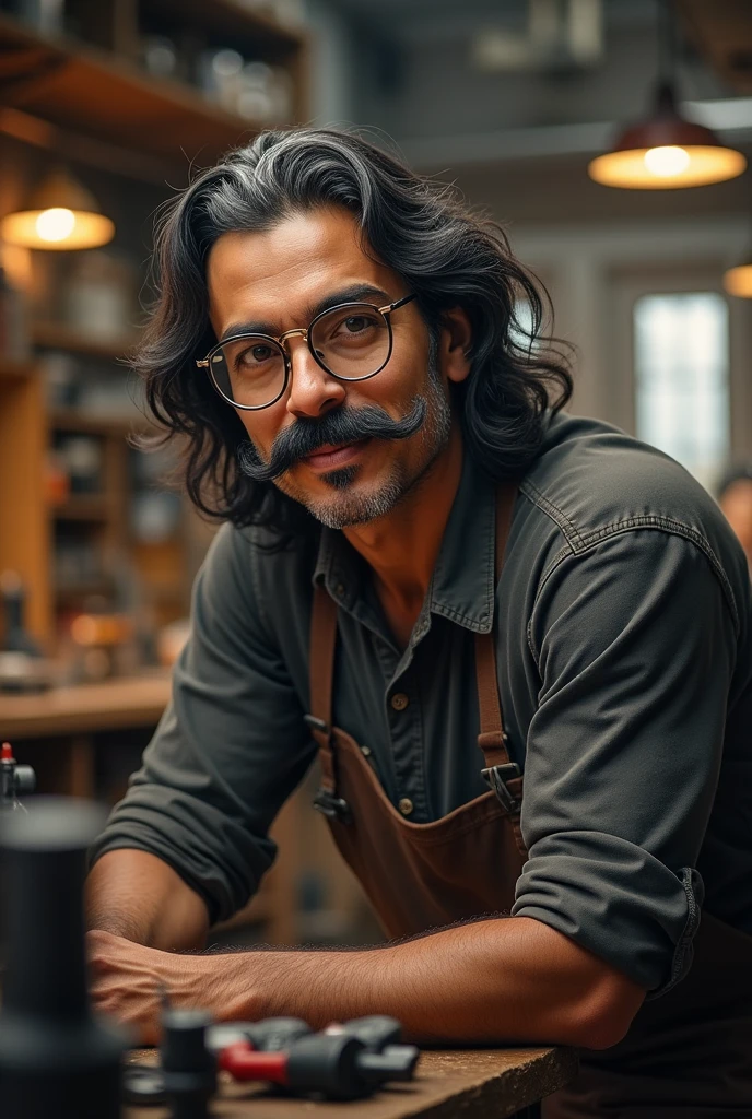very realistic, 25 year old man, with mustache, long black hair taken, with some gray hair, with round glasses, weight of 75 kilos, medium build, Latin American, Chilean, gordo, working in a workshop, with diver, no tattoos