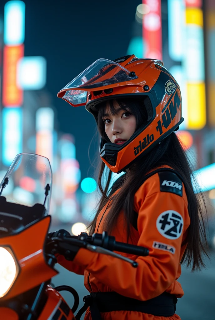 beautiful Japanese high school girl, about to Ride on a off-road motorcycle, at downtown at night, dramatic scene, masterpiece, (face focus:1.3), clear helmet visor, beautiful eyes, KTM bike, Shoei helmet, wearing off-road rider's outfits