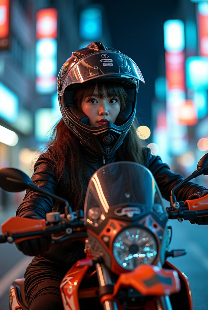 beautiful Japanese high school girl, about to Ride on a off-road motorcycle, at downtown at night, dramatic scene, masterpiece, (face focus:1.3), clear helmet visor, beautiful eyes, KTM bike, Shoei helmet, wearing off-road rider's outfits