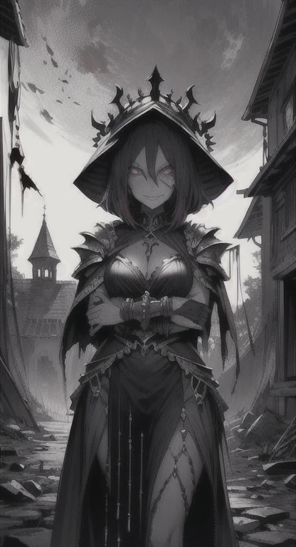 Ancient era, armored, Queen Persephone, blood everywhere, bloodmoon Queen drenched in blood, looking at viewer psychotically, creepy smirk, covered in blood, destroyed village, cursed Triforce, village ruins,