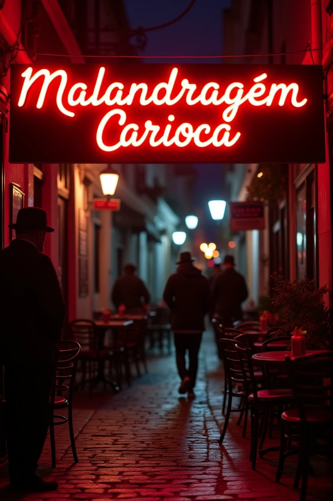 Create a logo for a craft burger joint with the title Malandragem Carioca in red LED and a background of a dark cobblestone street, with men in gangster hats in the background