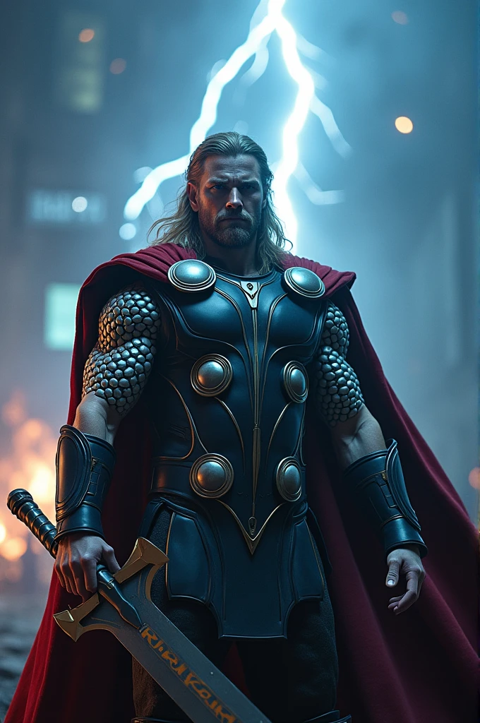 Rune king Thor ragnarok covered in lightening and having storm breaker