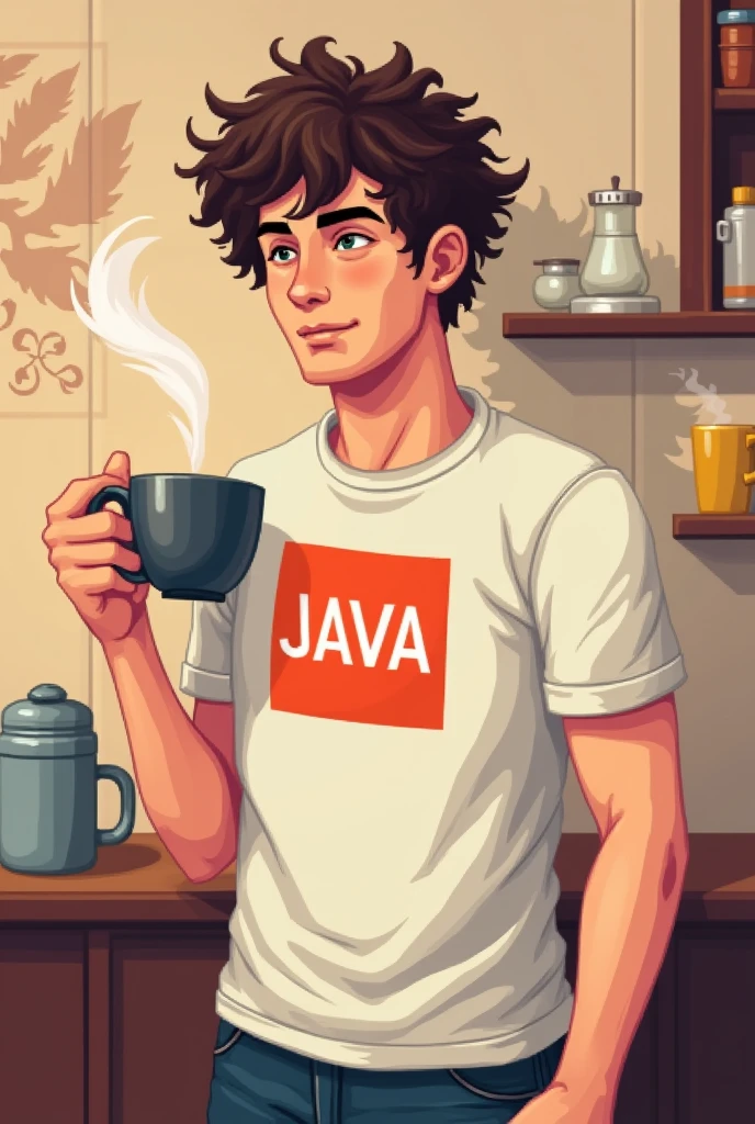 create a pixelated male character, drank coffee, with a t-shirt with the JAVA logo in the middle, with a sleepy face, curly hair, skin fair.