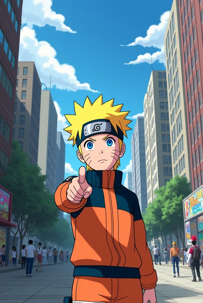 Draw Naruto Uzumaki, Pointing confusedly at the viewer in the city 