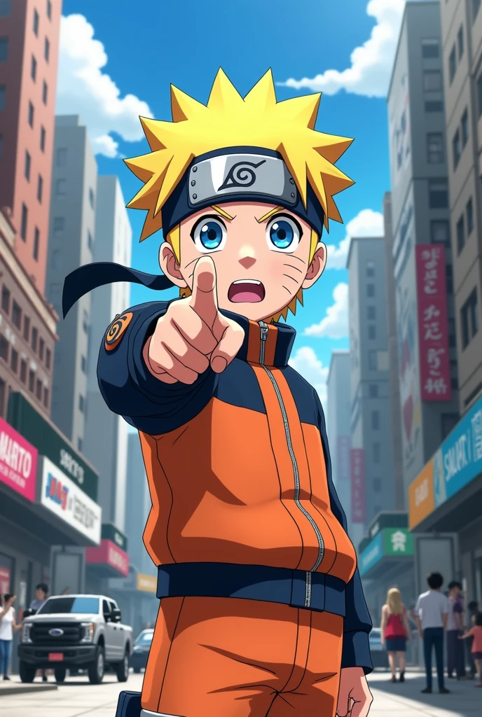 Draw Naruto Uzumaki, Pointing confusedly at the viewer in the city