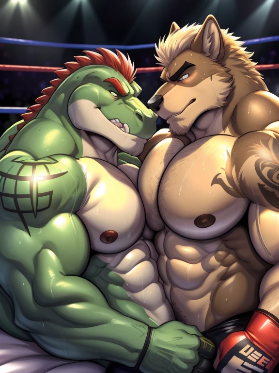 Duo male(Green Gator vs Brown Wolf), handsomes(handsome hairstyle, Thick eyebrows, detailed face), gay(Lying down, cuddling, body with body, wrestling at each other, face to face, on a bed match), hot(Shirtless), handsomes(They are handsomes, correct anatomy), musculosos(Big muscle bodies, Six packs, muscle abs, big pecs), sweaty(very sweaty wet bodies, shiny sweat), tatuajes(they have tattoos), grumpy(Both have an grumpy expression, grumpy teeths, steaming breath), UFC gloves(They both are wearing UFC gloves), Hight resolution, by(Zourik:1.1)