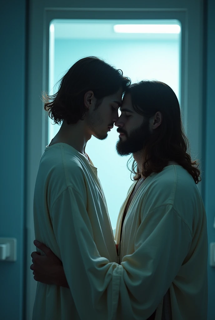I want an image of a young sick man with Jesus hugging him, both looking at the door of an operating room.