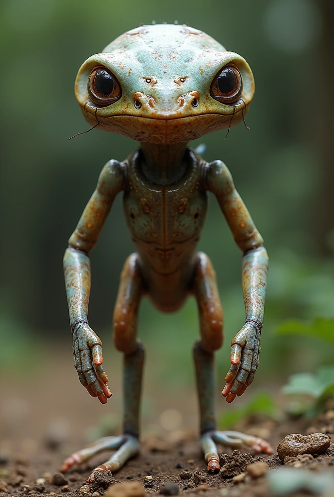 A certain life form on Earth is capable of bipedal movement, with a central structure at the top responsible for perception and information processing. From this center, two elongated extensions reach out to the sides, used for grasping and manipulating objects. These extensions have multiple joints, allowing for flexible movement. The top section houses two sensory organs for visual perception facing forward, with an opening below for ingesting nourishment. Auditory organs are positioned on either side of the top section. The body as a whole is flexible and covered in a layer with diverse colors and textures. During movement, two supportive structures at the bottom coordinate to enable stable walking.