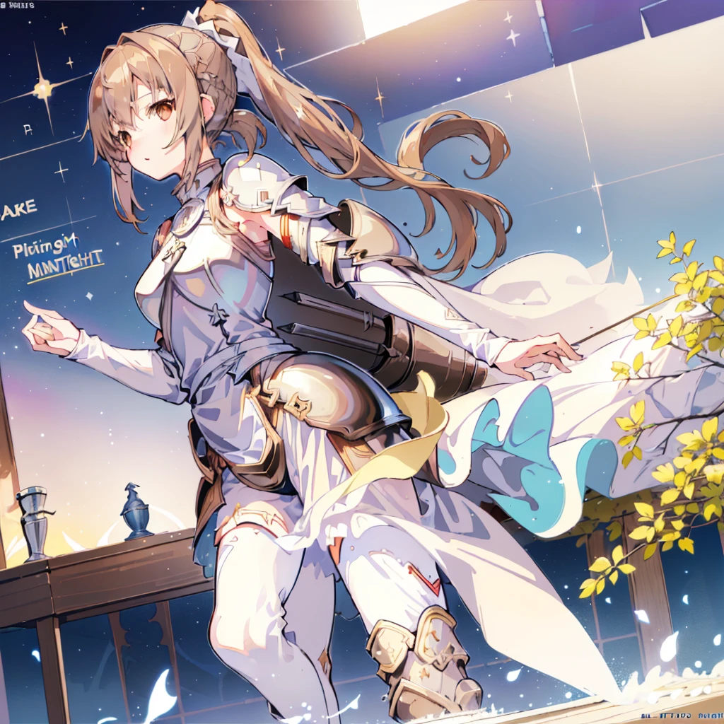 Asuna, Asuna_(Star), (1 Girl,Solitary) ,fantasy, high resolution, No.19, The original, (Wear at waist:1.3), Smile, (White Knight Wizard Cape:1.5), short hair, Medium breasts, Looking at the audience, Bangs ,Delicate hazel eyes, Beautiful background, ((morning sun,Western-style private room)), Put your hands on your chest,(Brown hair,Short Ponytail:1.5), (Platinum Knight Wizard Fully Armored:1.55),short hair, permanent,straight on, Abeke,(whole body:1.1), White stockings,(Abeke:1.4),