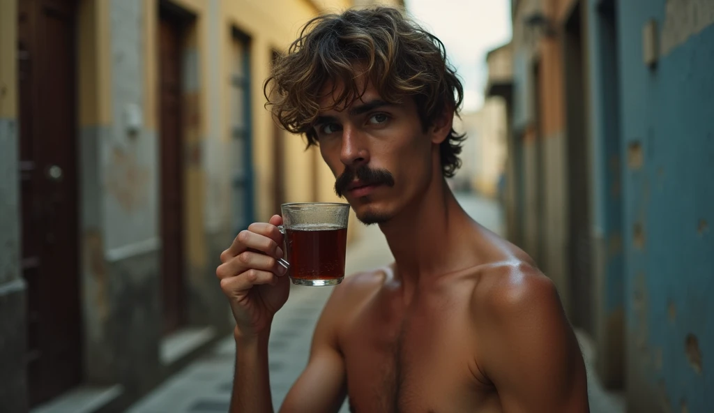 Sensual photo of a skinny guy with a mustache and rebellious light brown hair, He is in an alley in the favela , He is shirtless, He is drinking a cup of tea, sensual look at the camera, homem gay sensual , skin tanned, brawny 