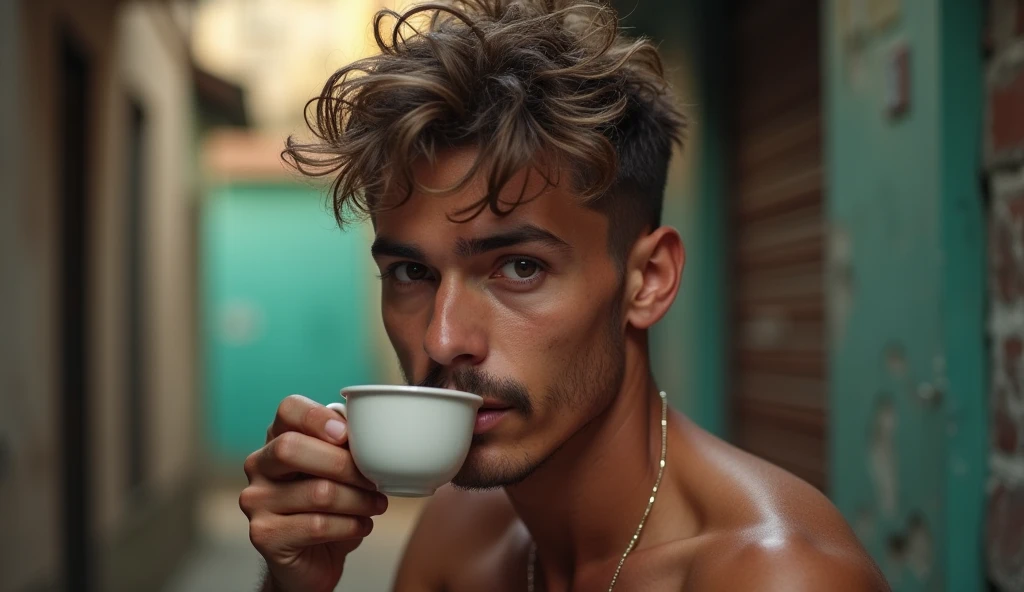 Sensual photo of a skinny guy with a mustache and rebellious light brown hair, He is in an alley in the favela , He is shirtless, He is drinking a cup of tea, sensual look at the camera, homem gay sensual , skin tanned, brawny 