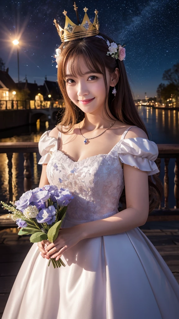 Highest quality, expensive_solve, clear_image, Detailed Background ,, Random wear,flower, Night Sky,Dutch Angle, Wide Shot,A shy smile, Crown,  