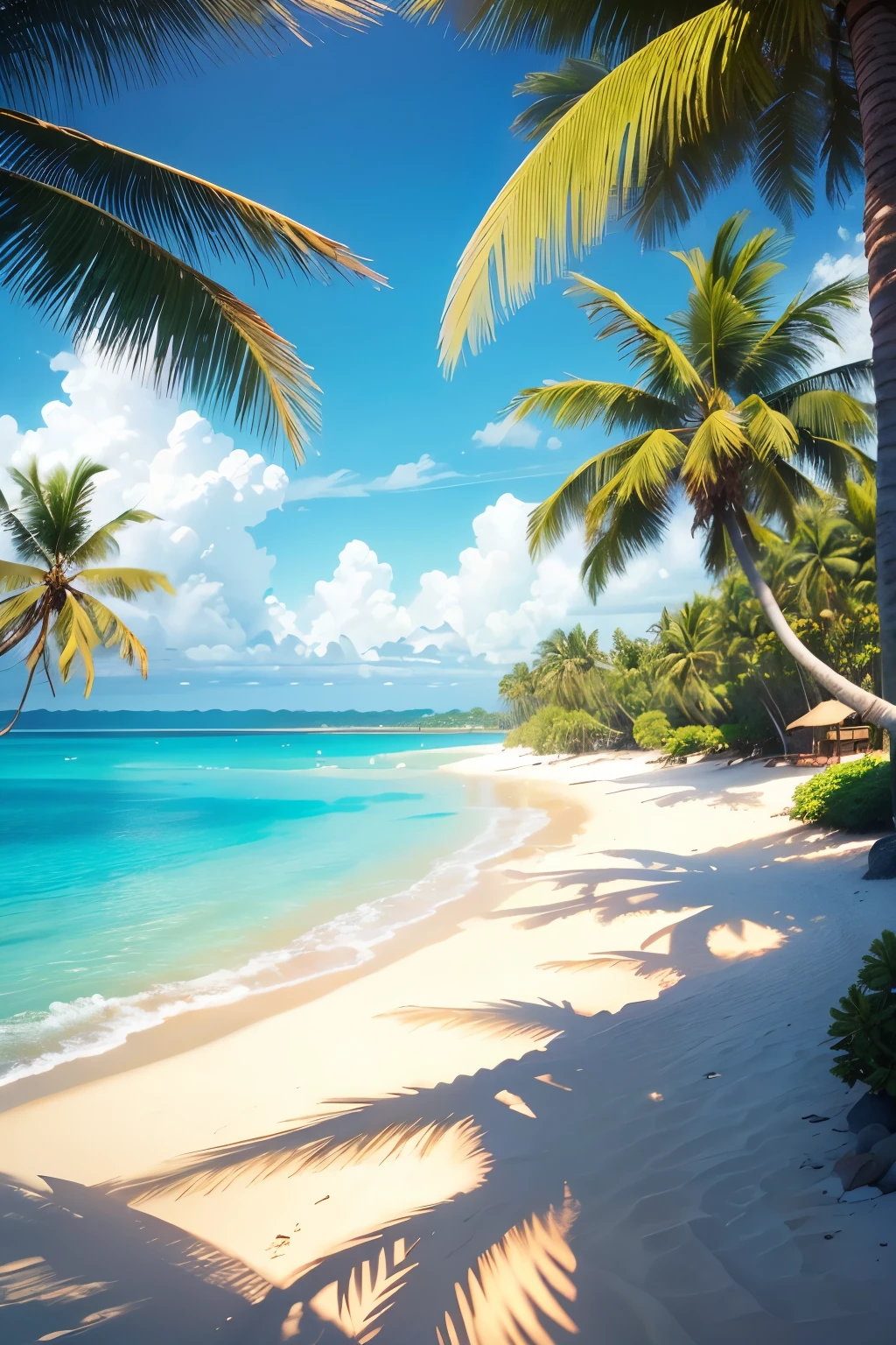 (Realistic,photoRealistic:1.37),Peaceful beach,Calm sea,Calm waves,Sandy Beach,Soft white sand,Crystal clear water,Peaceful atmosphere,Warm sunshine,Coconut Tree,quiet horizon,Pleasant breeze,Tropical paradise