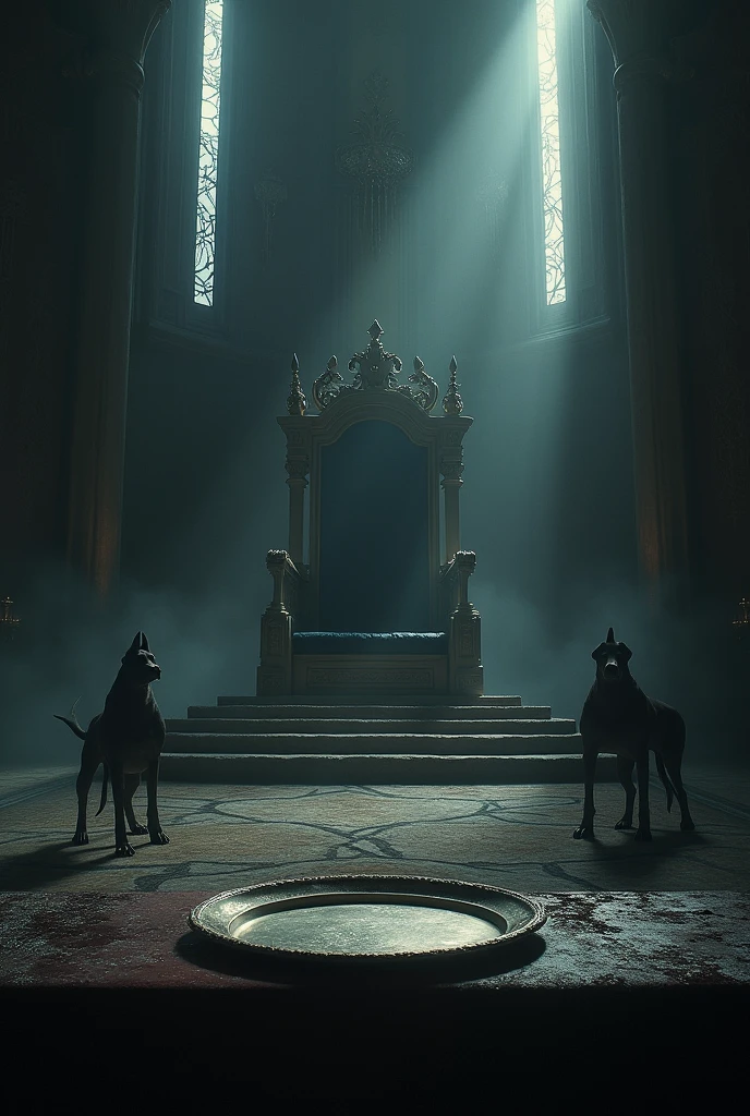 A final scene that brings together elements of the stories of Herodias, Athaliah and Jezebel: an empty tray, an empty throne and an open window with dogs around. The image suggests the tragic end and divine justice reaching these biblical figures, in a dark and symbolically charged setting.