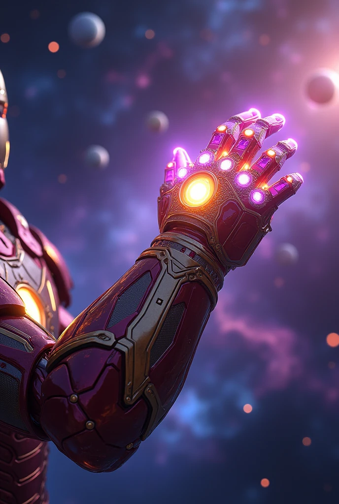 A massive, intricate, highly detailed, hyper-realistic 3D render of the Infinity Gauntlet from the Marvel Cinematic Universe, worn by Iron Man, floating in space, glowing with cosmic energy, surrounded by swirling nebulae, planets, and stars in the background, shining with a metallic sheen, every minute detail meticulously crafted, cinematic lighting, 8K resolution, hyper-photorealistic, award-winning CGI, concept art style
