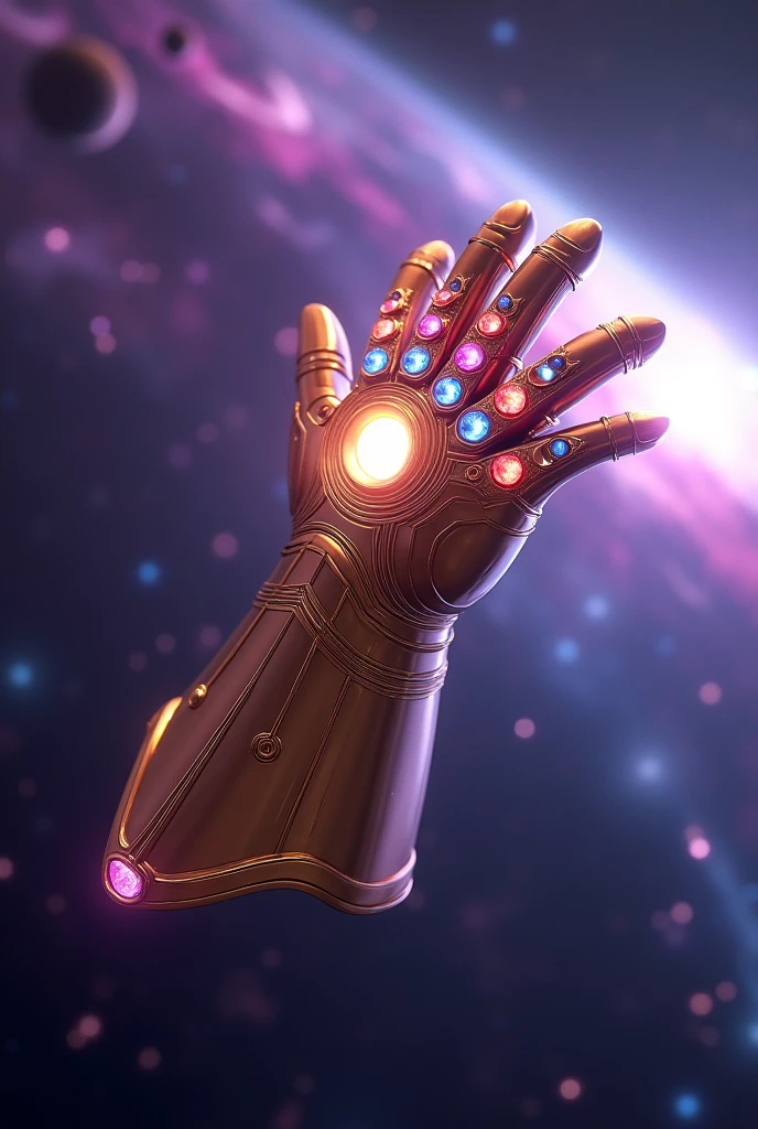 A massive, intricate, highly detailed, hyper-realistic 3D render of the Infinity Gauntlet from the Marvel Cinematic Universe, worn by Iron Man, floating in space, glowing with cosmic energy, surrounded by swirling nebulae, planets, and stars in the background, shining with a metallic sheen, every minute detail meticulously crafted, cinematic lighting, 8K resolution, hyper-photorealistic, award-winning CGI, concept art style